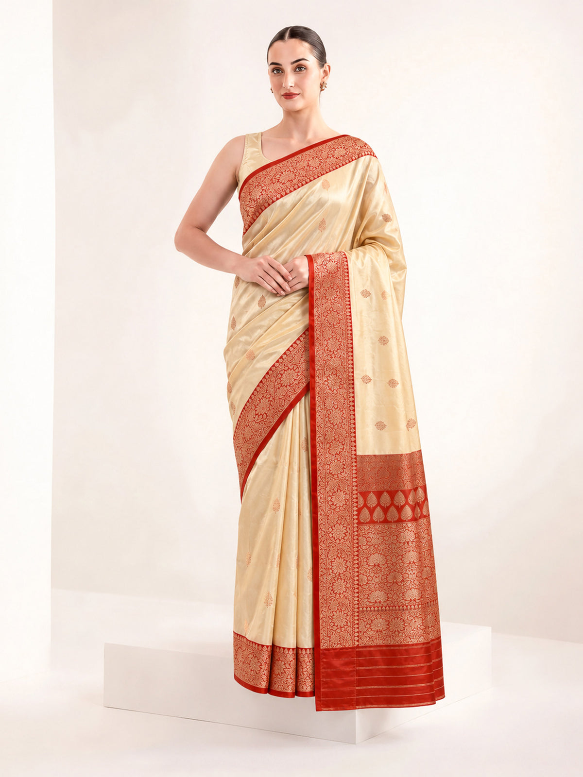 Beige Red Floral Boota Katan Silk Handloom Banarasi Saree - Sacred Weaves