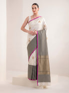 White Meenakari Booti Satin Silk Handloom Banarasi Saree - Sacred Weaves
