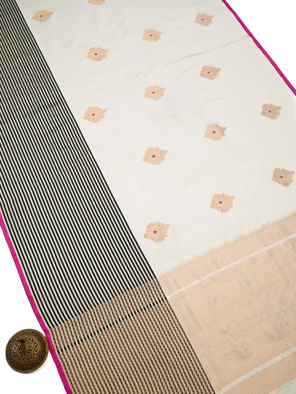 White Meenakari Booti Satin Silk Handloom Banarasi Saree - Sacred Weaves