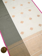 White Meenakari Booti Satin Silk Handloom Banarasi Saree - Sacred Weaves
