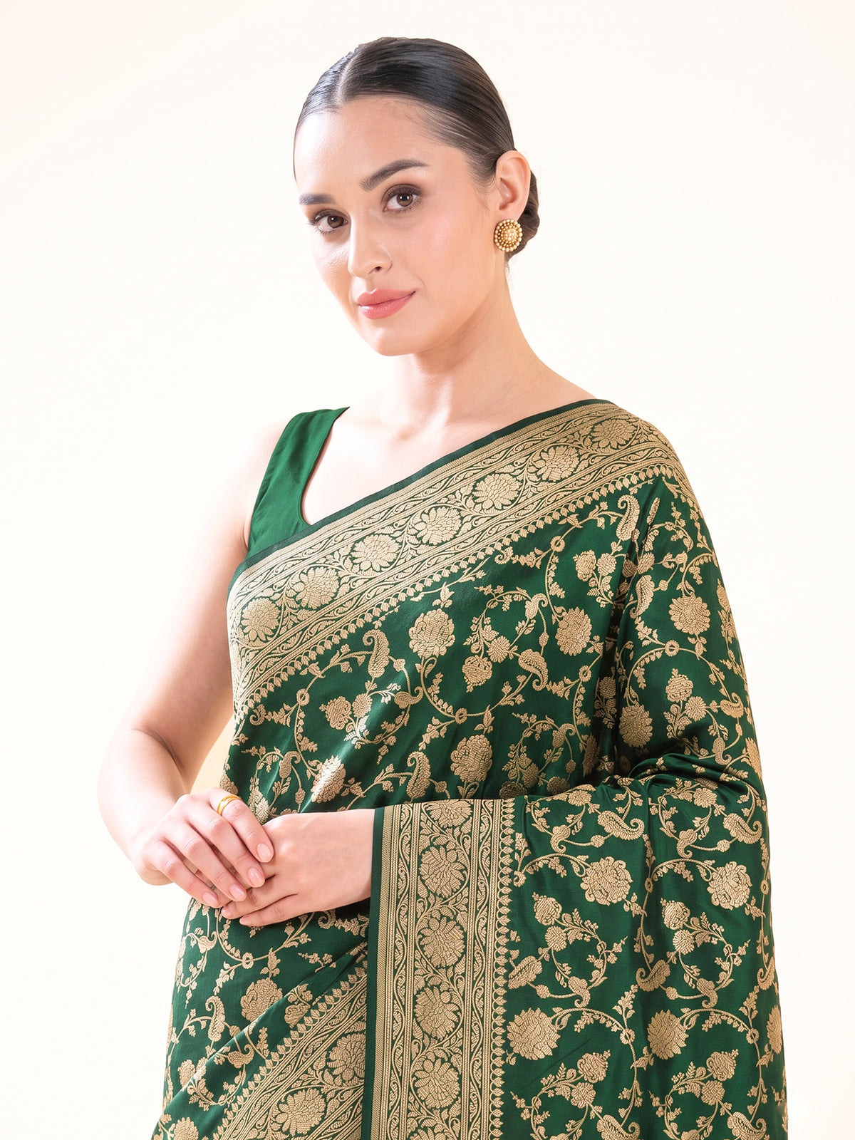 Bottle Green Floral Jaal Uppada Katan Silk Handloom Banarasi Saree - Sacred Weaves
