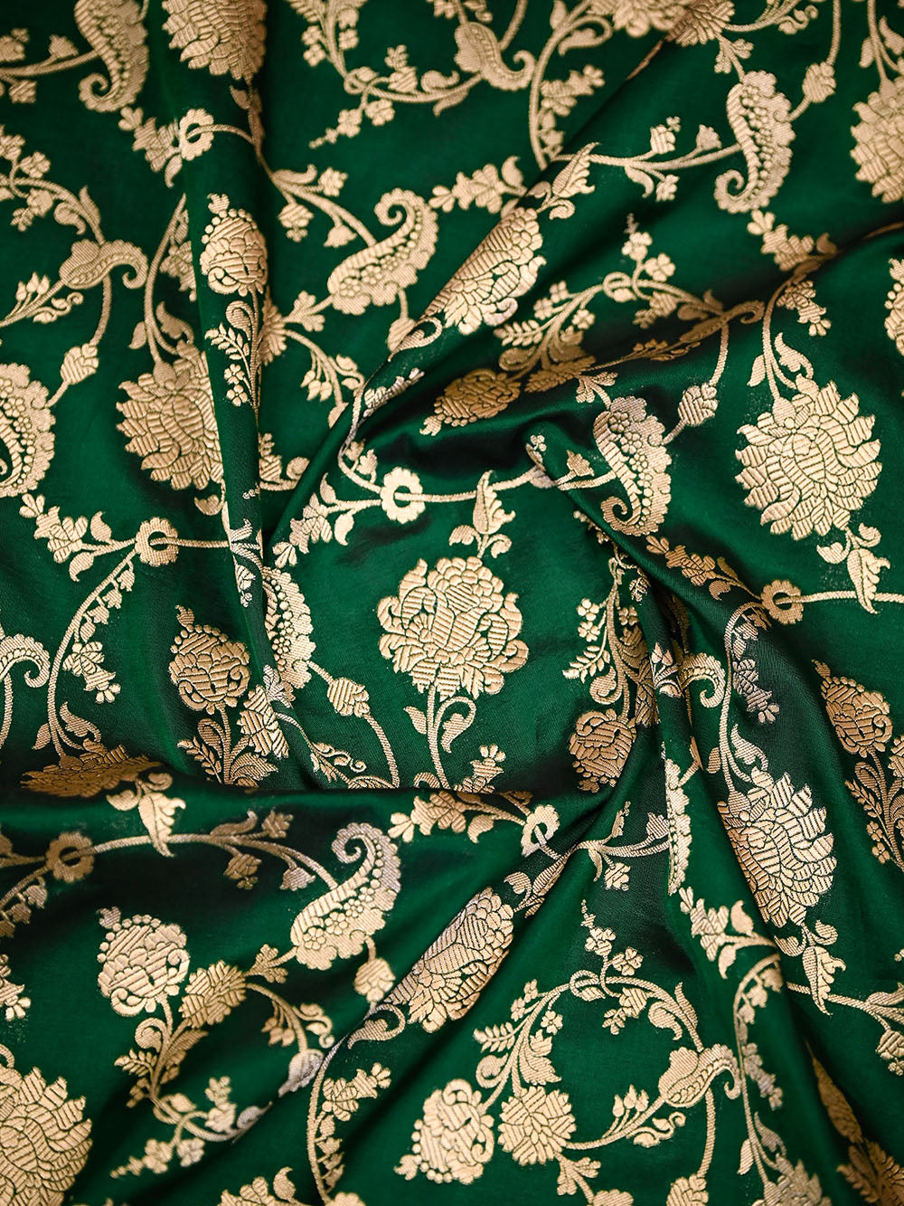 Bottle Green Floral Jaal Uppada Katan Silk Handloom Banarasi Saree - Sacred Weaves