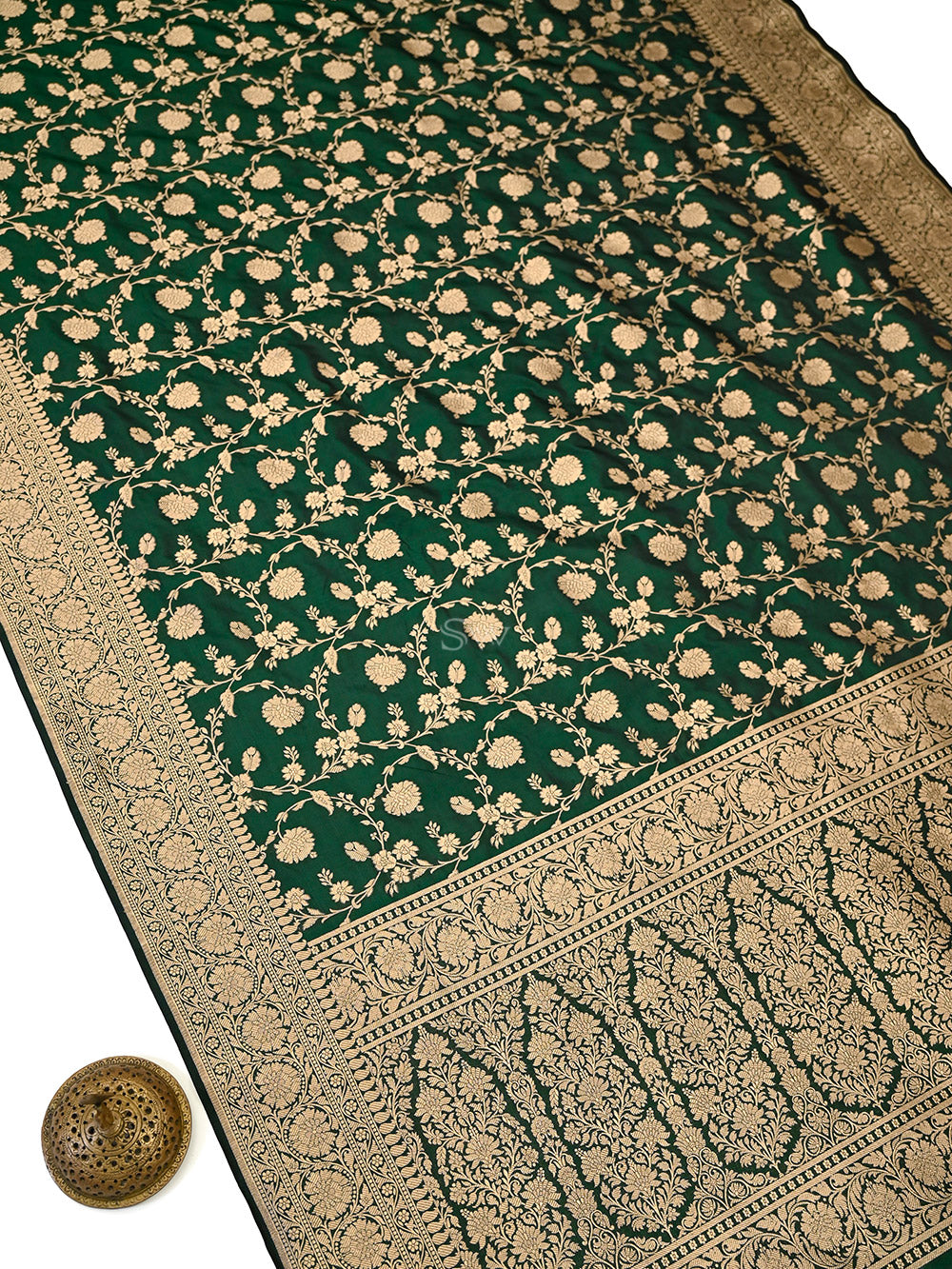 Bottle Green Floral Zari Jaal Uppada Katan Silk Handloom Banarasi Saree - Sacred Weaves