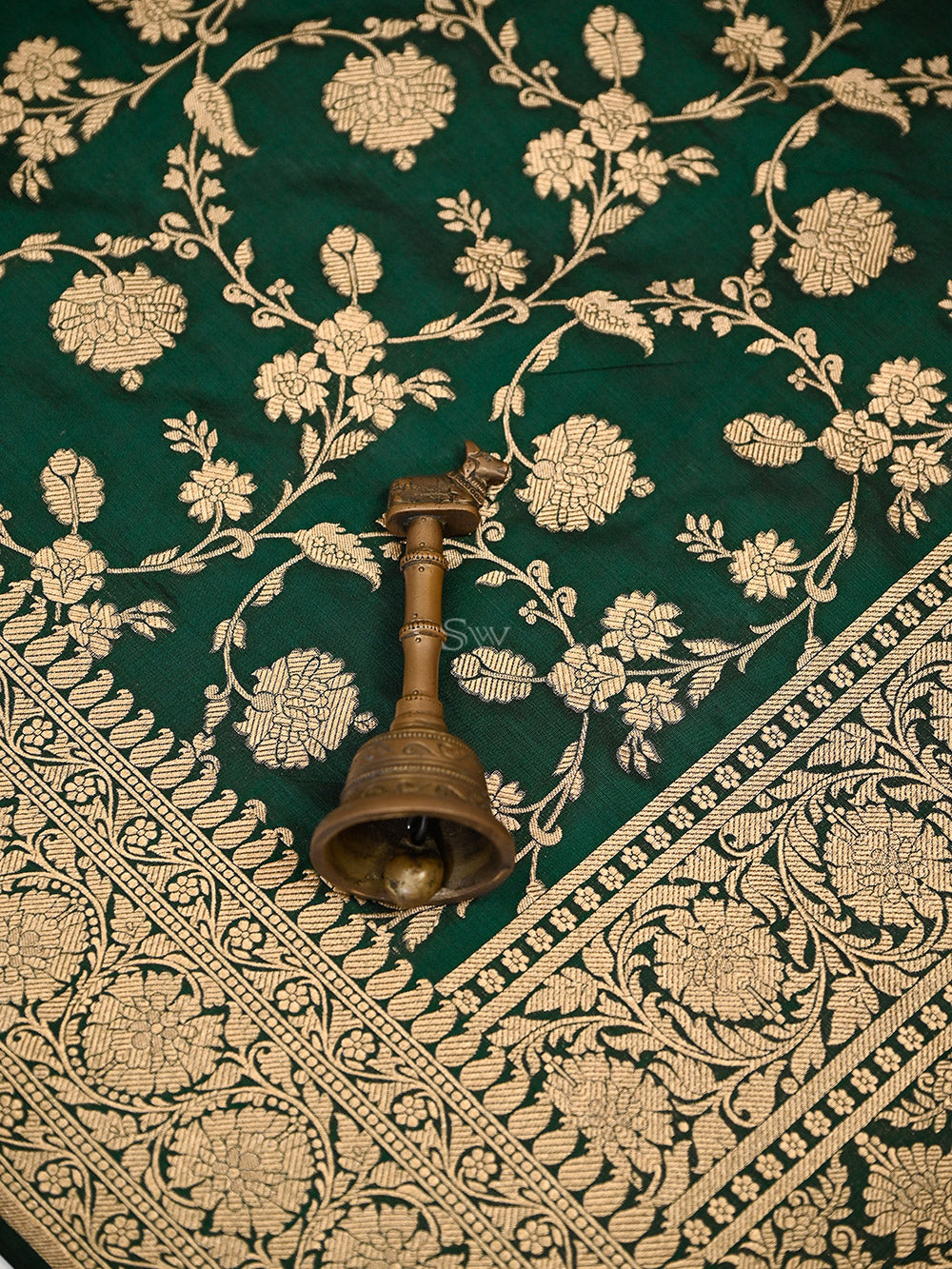 Bottle Green Floral Zari Jaal Uppada Katan Silk Handloom Banarasi Saree - Sacred Weaves