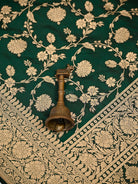 Bottle Green Floral Zari Jaal Uppada Katan Silk Handloom Banarasi Saree - Sacred Weaves