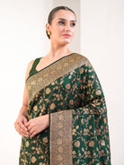 Bottle Green Floral Zari Jaal Uppada Katan Silk Handloom Banarasi Saree - Sacred Weaves