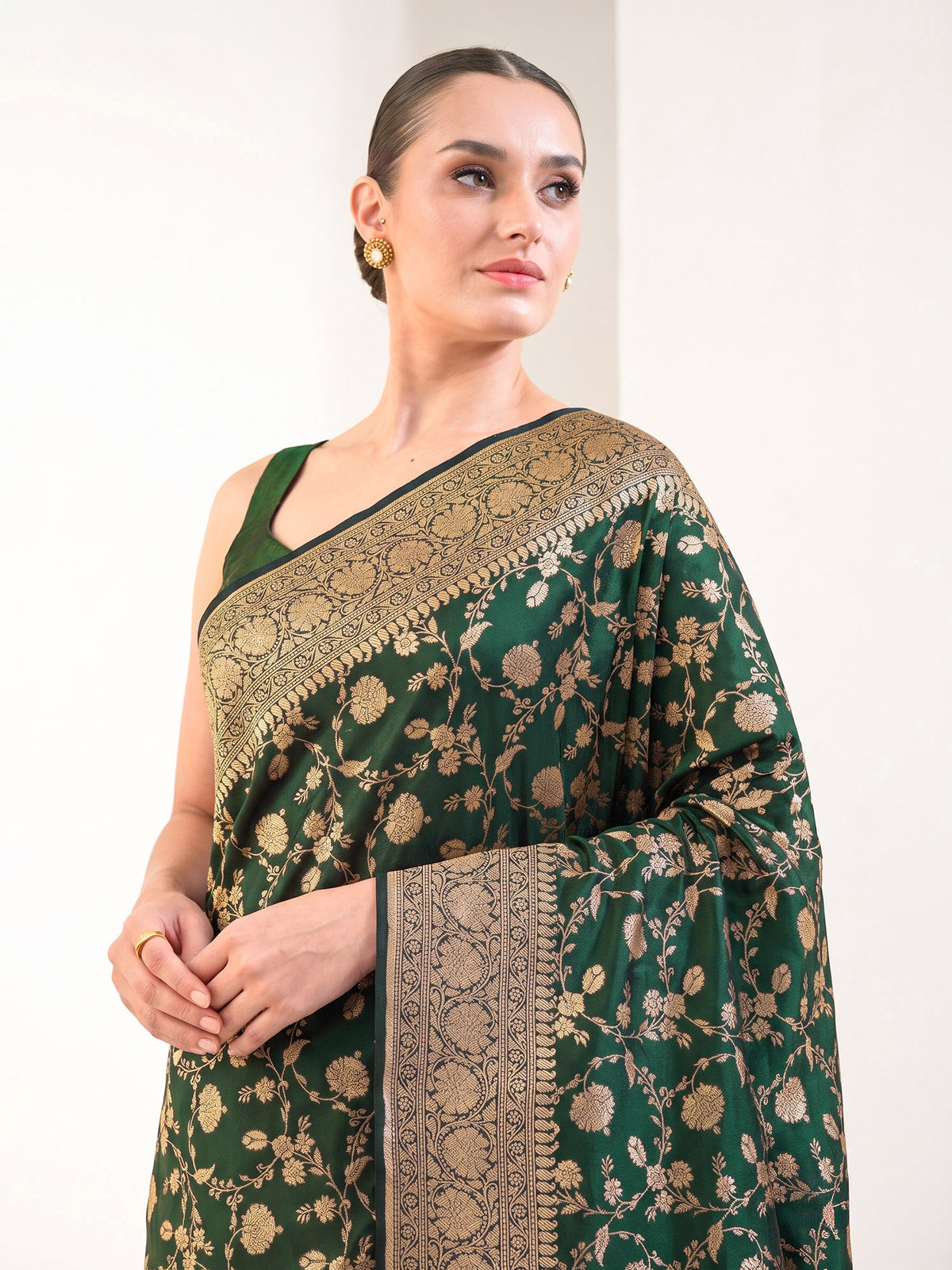 Bottle Green Floral Zari Jaal Uppada Katan Silk Handloom Banarasi Saree - Sacred Weaves