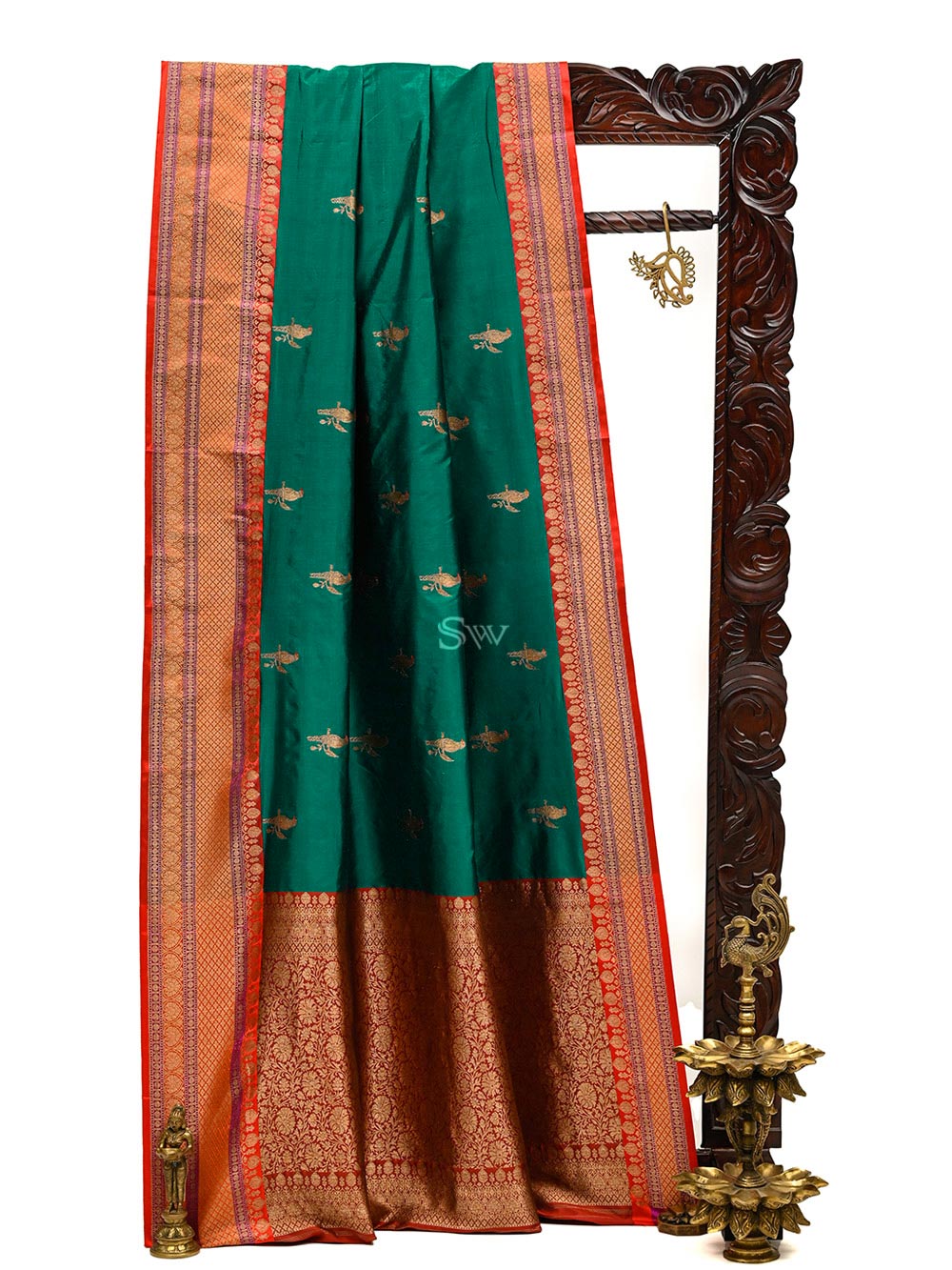 Teal Green Shikargah Boota Katan Silk Handloom Banarasi Saree - Sacred Weaves