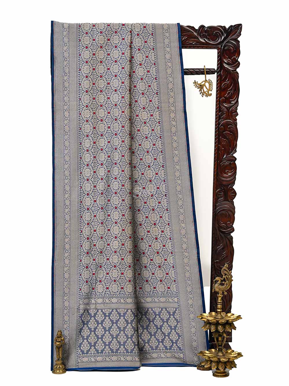 Navy Blue Katan Silk Brocade Handloom Banarasi Saree - Sacred Weaves
