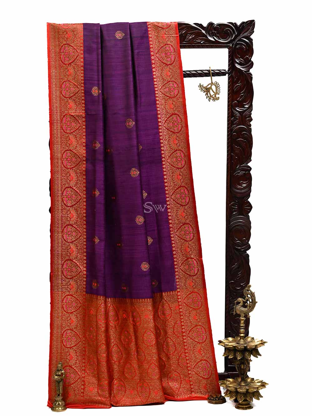 Purple Meenakari Boota Dupion Silk Handloom Banarasi Saree - Sacred Weaves