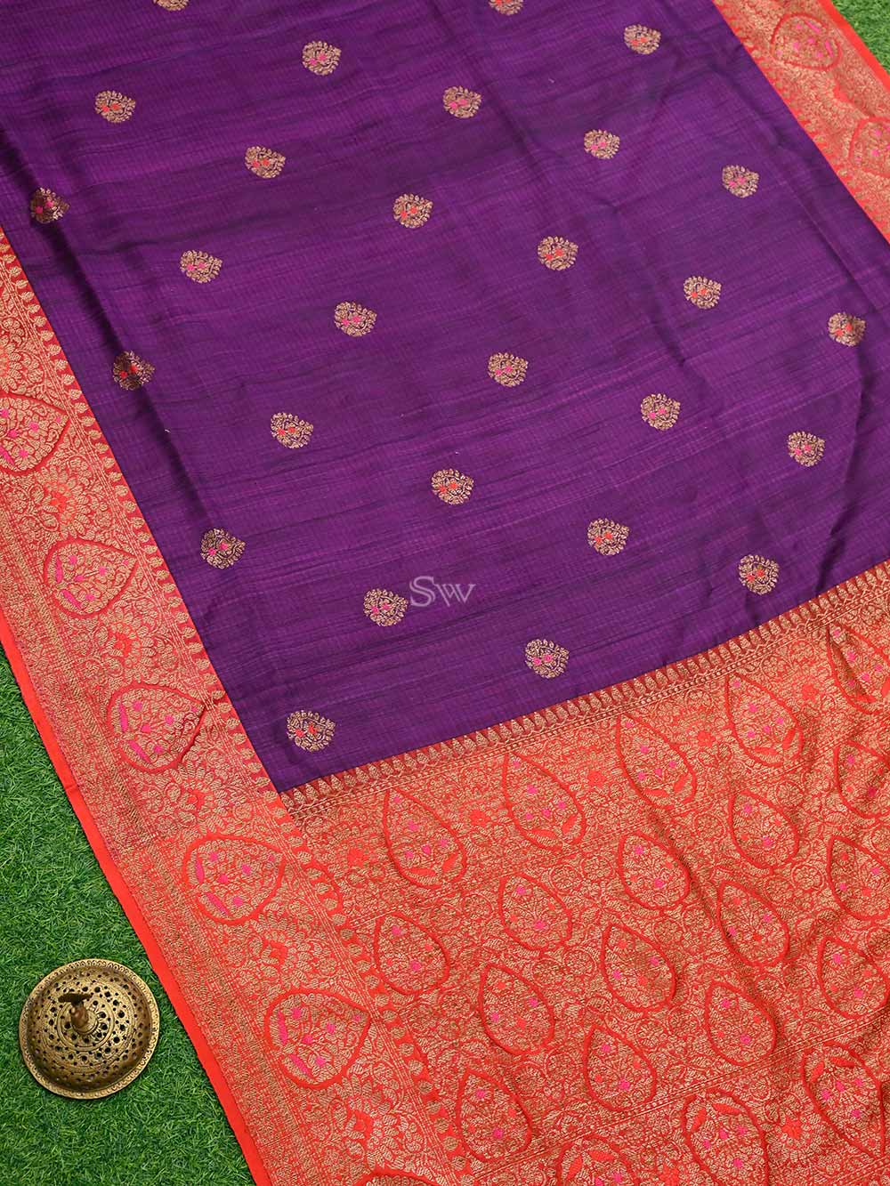 Purple Meenakari Boota Dupion Silk Handloom Banarasi Saree - Sacred Weaves