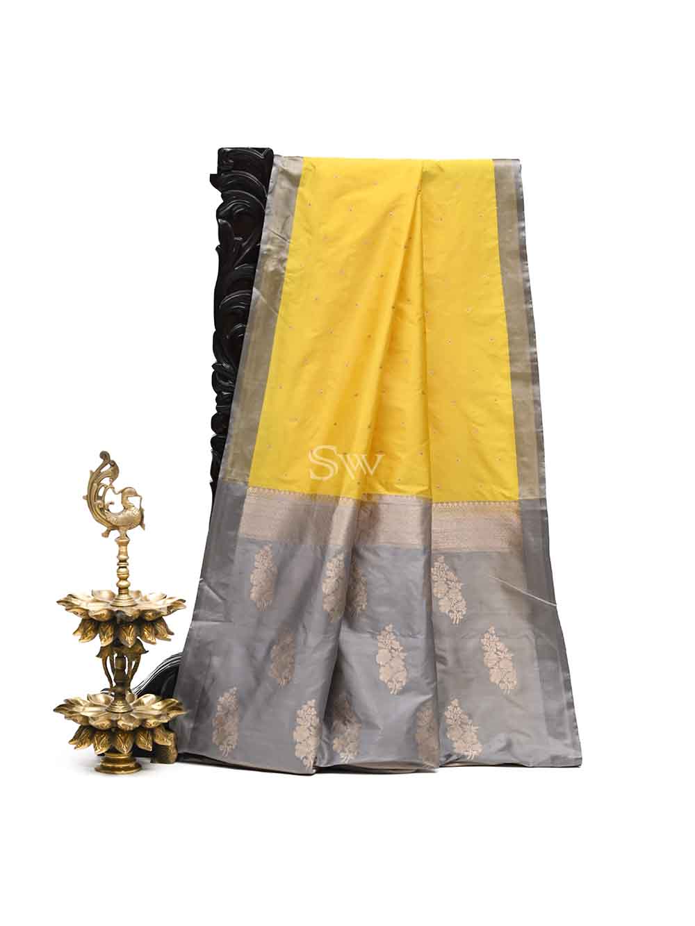 Yellow Booti Meenakari Katan Silk Handloom Banarasi Saree - Sacred Weaves