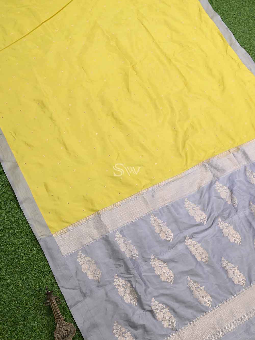 Yellow Booti Meenakari Katan Silk Handloom Banarasi Saree - Sacred Weaves