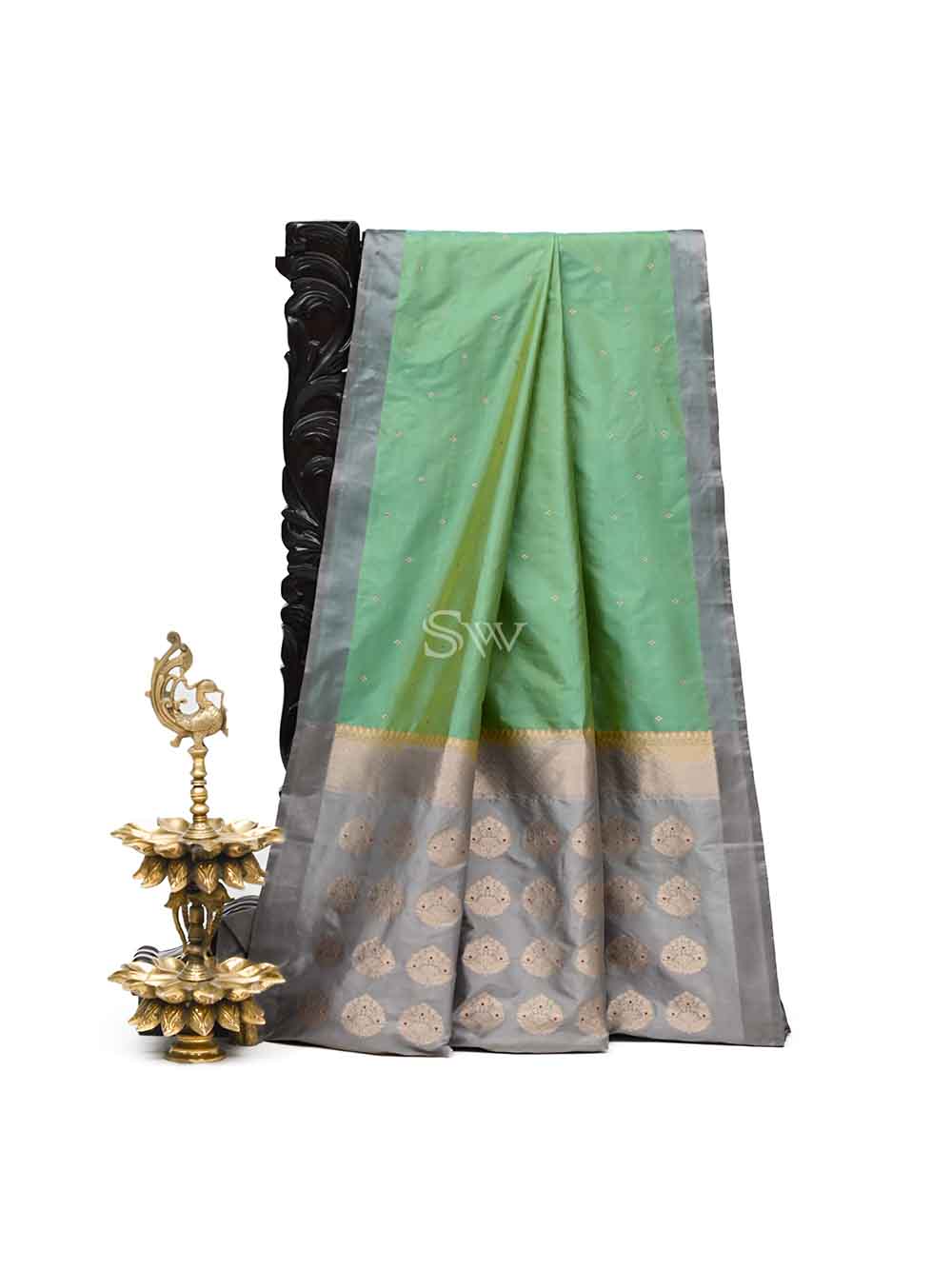 Green-Yellow Booti Meenakari Katan Silk Handloom Banarasi Saree - Sacred Weaves