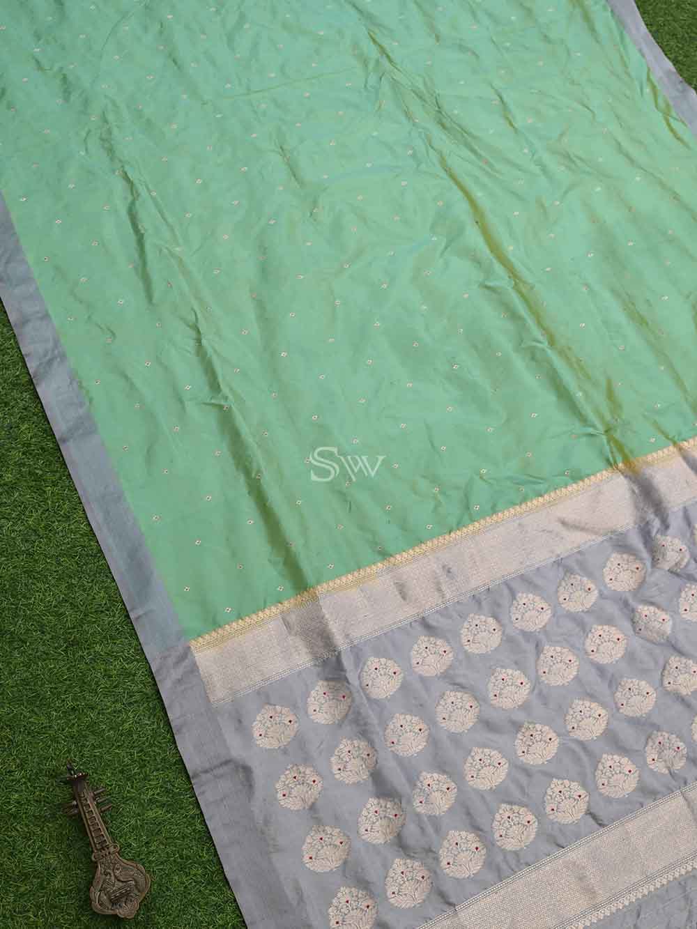 Green-Yellow Booti Meenakari Katan Silk Handloom Banarasi Saree - Sacred Weaves