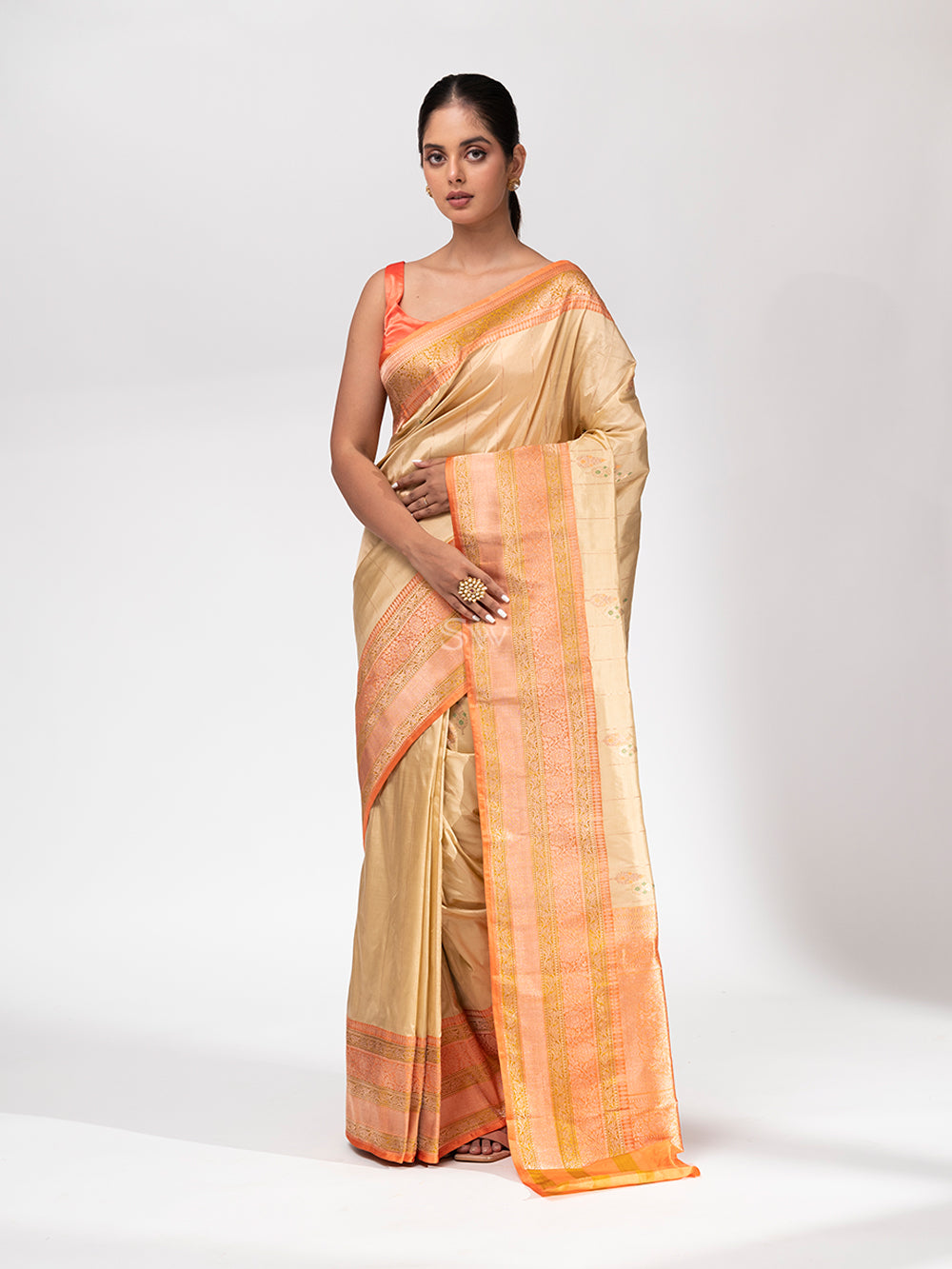 Dark Beige Meenakari Katan Silk Handloom Banarasi Saree - Sacred Weaves