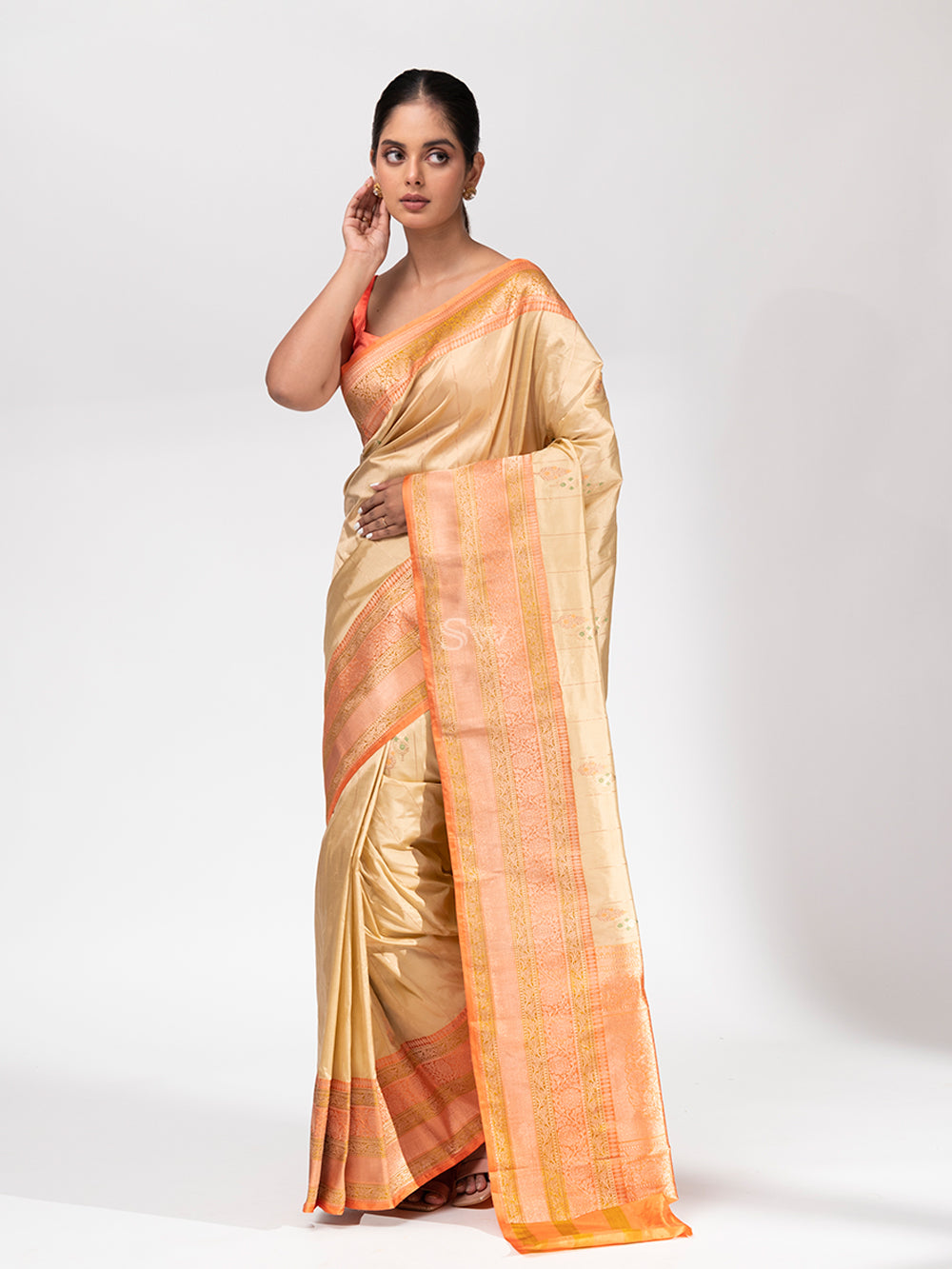 Dark Beige Meenakari Katan Silk Handloom Banarasi Saree - Sacred Weaves