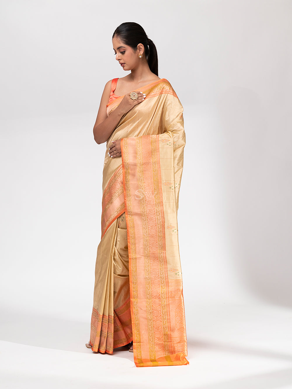Dark Beige Meenakari Katan Silk Handloom Banarasi Saree - Sacred Weaves