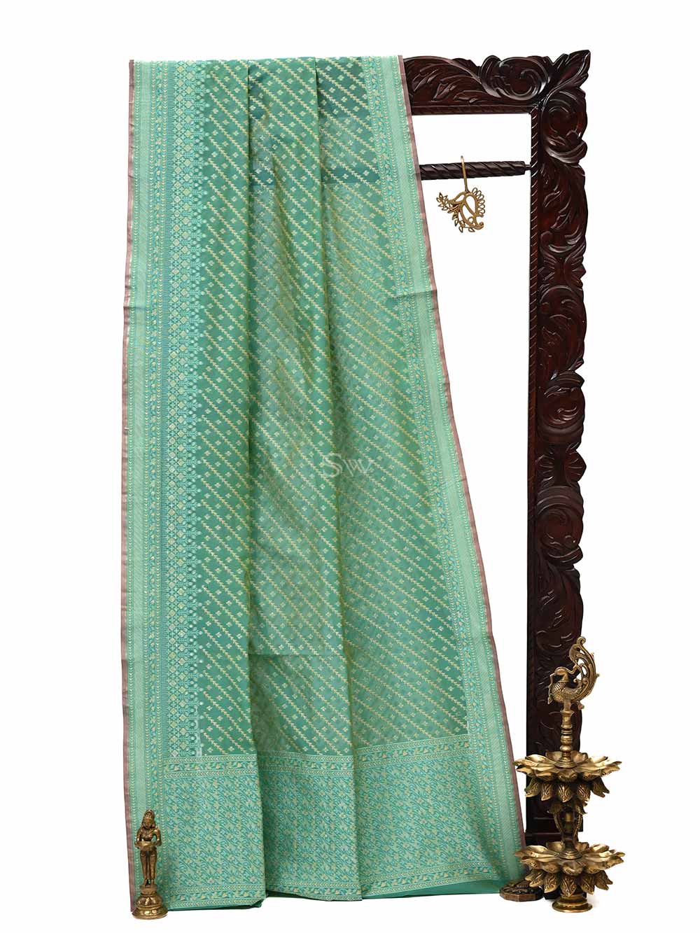 Green Yellow Stripe Cotton Silk Handloom Banarasi Saree - Sacred Weaves