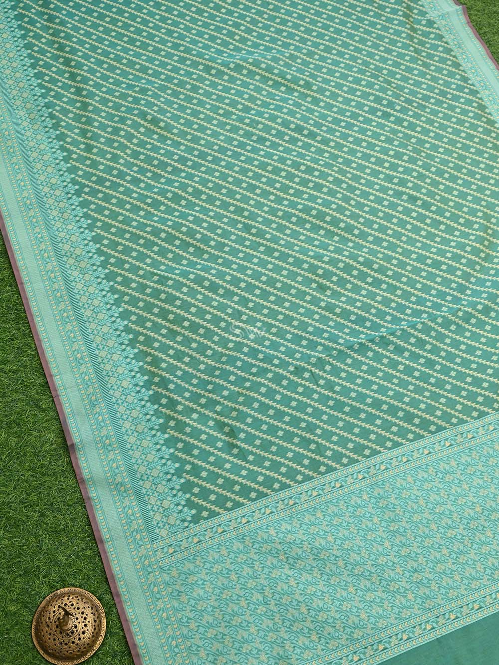 Green Yellow Stripe Cotton Silk Handloom Banarasi Saree - Sacred Weaves