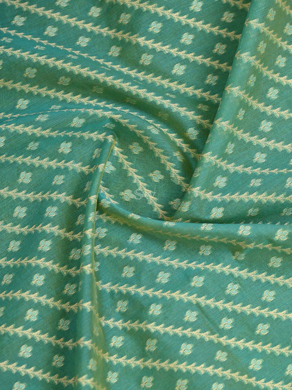 Green Yellow Stripe Cotton Silk Handloom Banarasi Saree - Sacred Weaves