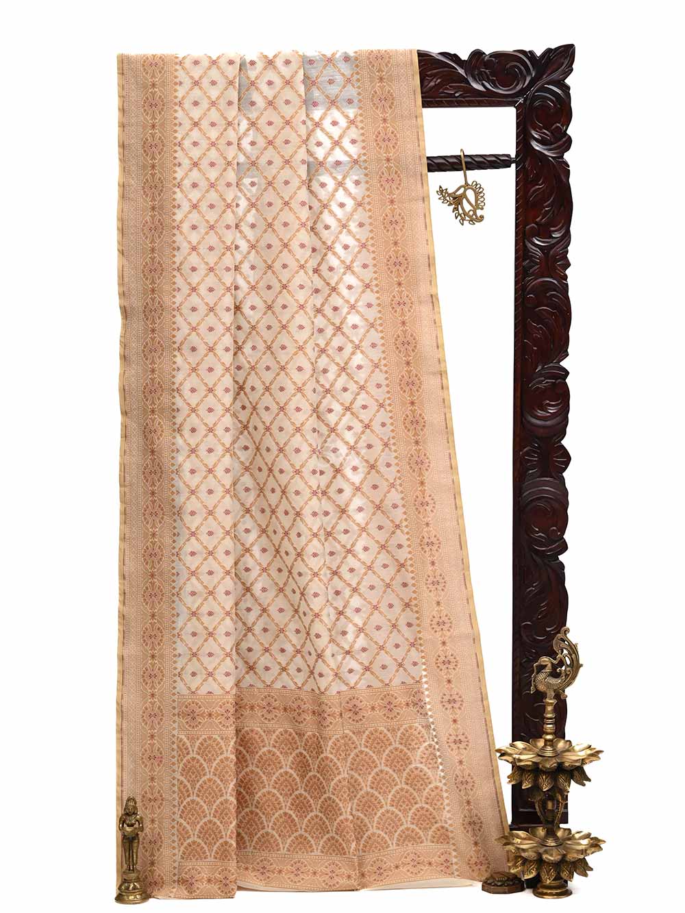 Cream Mustard Cotton Silk Handloom Banarasi Saree - Sacred Weaves
