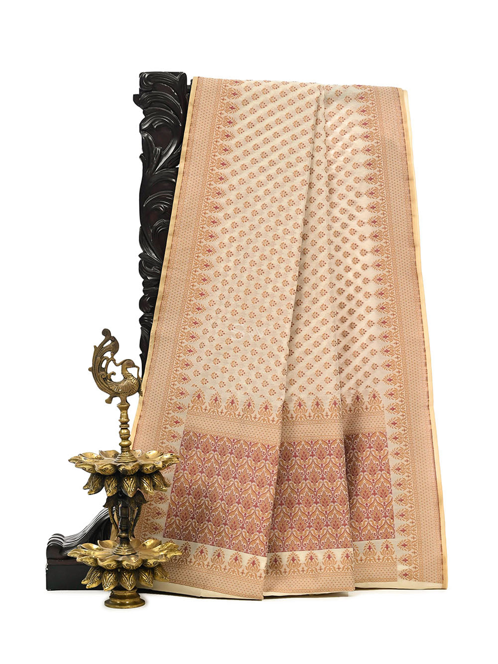 Cream Mustard Cotton Silk Handloom Banarasi Saree - Sacred Weaves