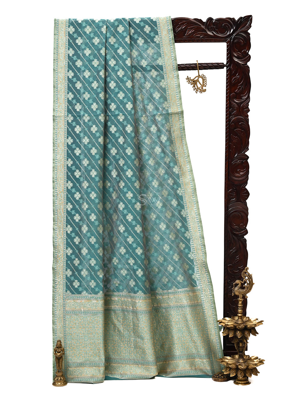 Teal Green Stripe Cotton Silk Handloom Banarasi Saree -  Sacred Weaves
