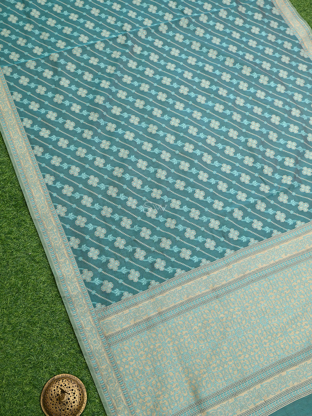 Teal Green Stripe Cotton Silk Handloom Banarasi Saree -  Sacred Weaves
