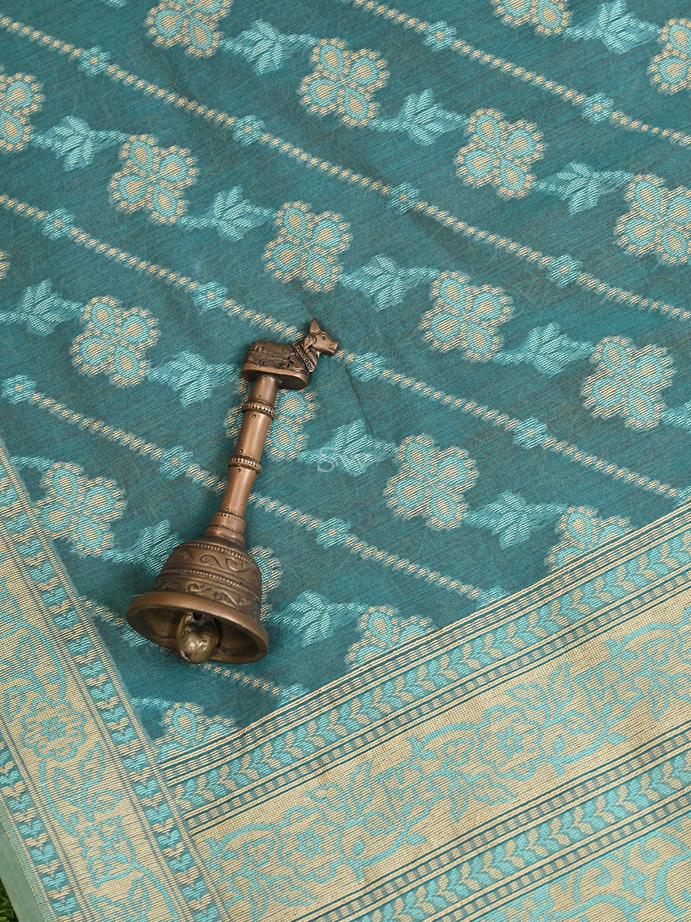 Teal Green Stripe Cotton Silk Handloom Banarasi Saree -  Sacred Weaves
