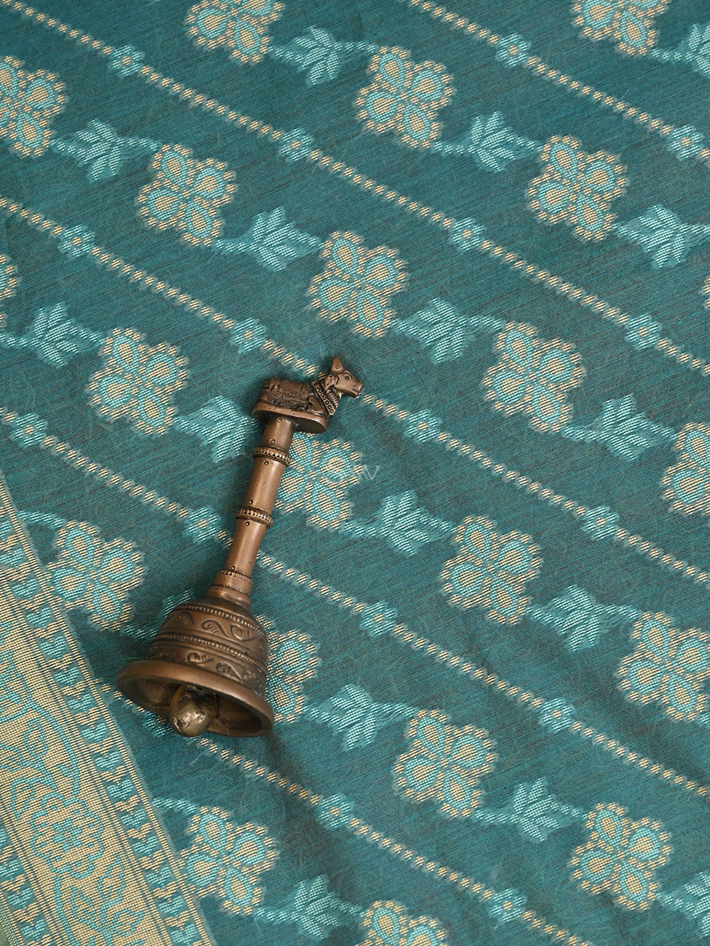 Teal Green Stripe Cotton Silk Handloom Banarasi Saree -  Sacred Weaves