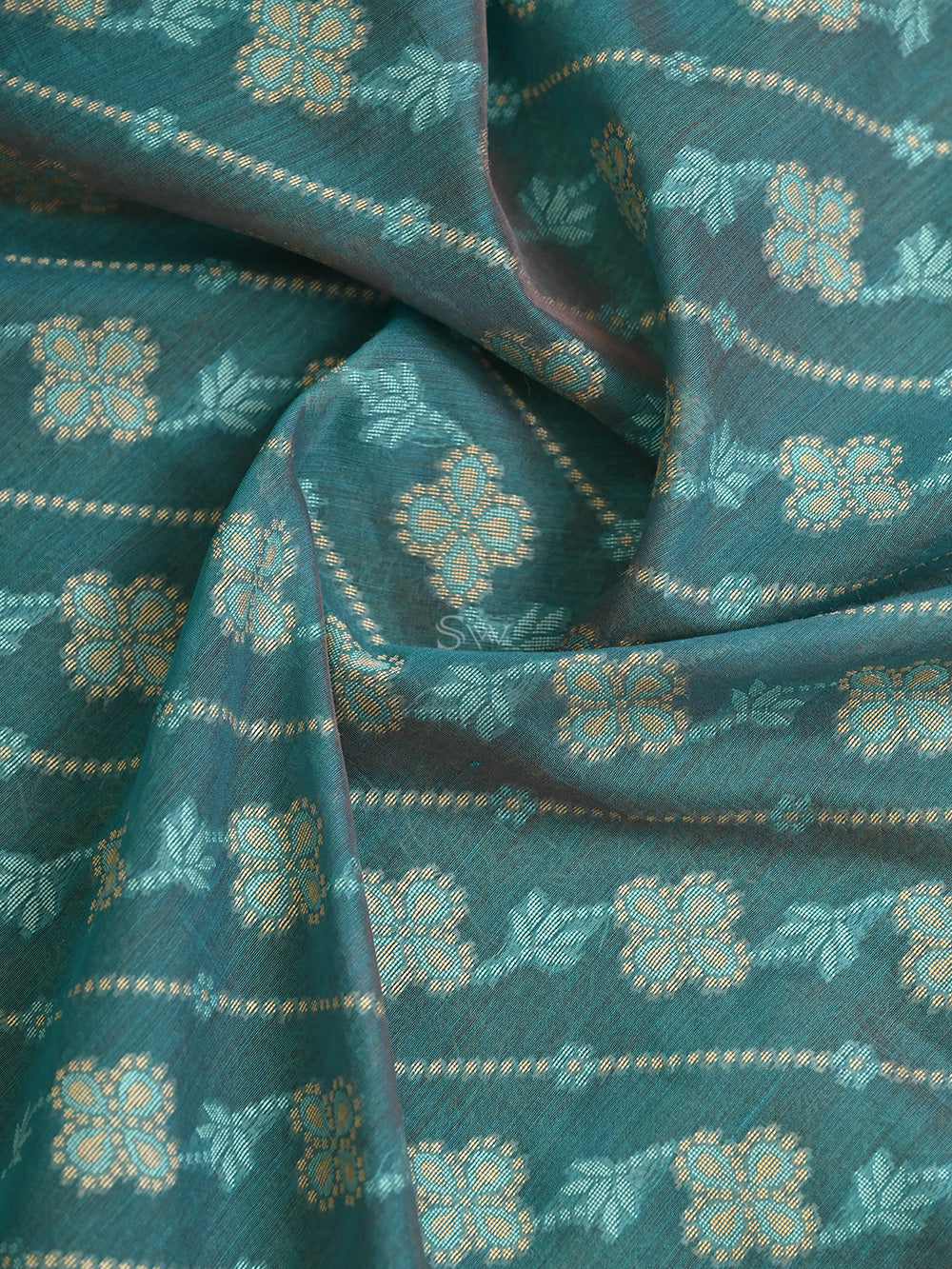 Teal Green Stripe Cotton Silk Handloom Banarasi Saree -  Sacred Weaves