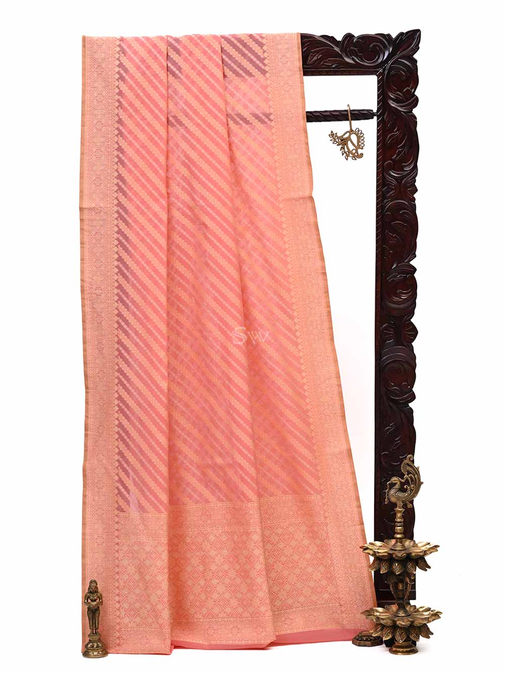 Coral Pink Stripe Cotton Silk Handloom Banarasi Saree - Sacred Weaves