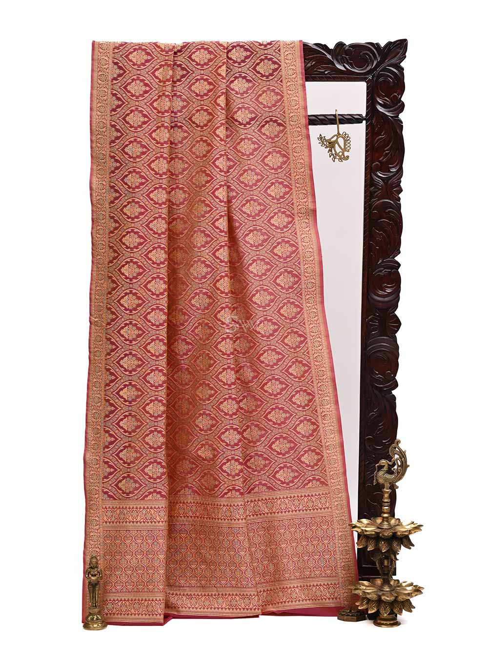 Dark Magenta Orange Jaal Cotton Silk Handloom Banarasi Saree - Sacred Weaves