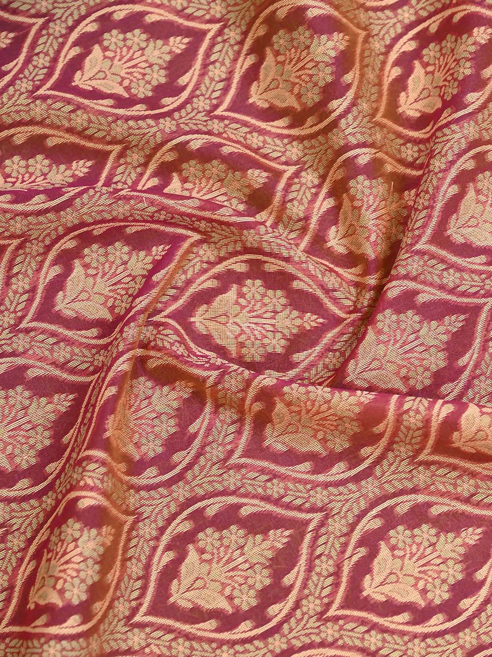 Dark Magenta Orange Jaal Cotton Silk Handloom Banarasi Saree - Sacred Weaves