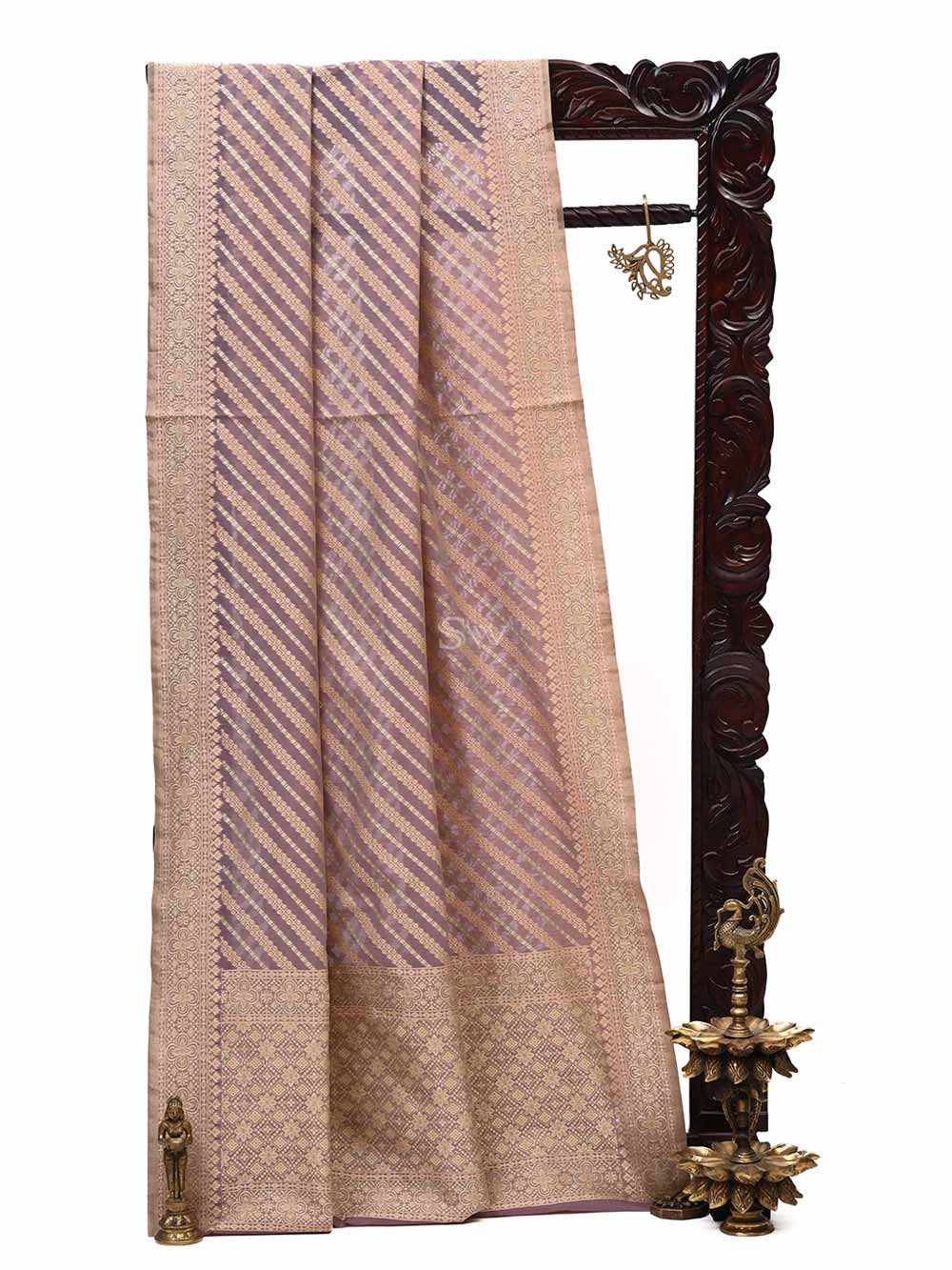 Light Mauve Stripe Cotton Silk Handloom Banarasi Saree - Sacred Weaves