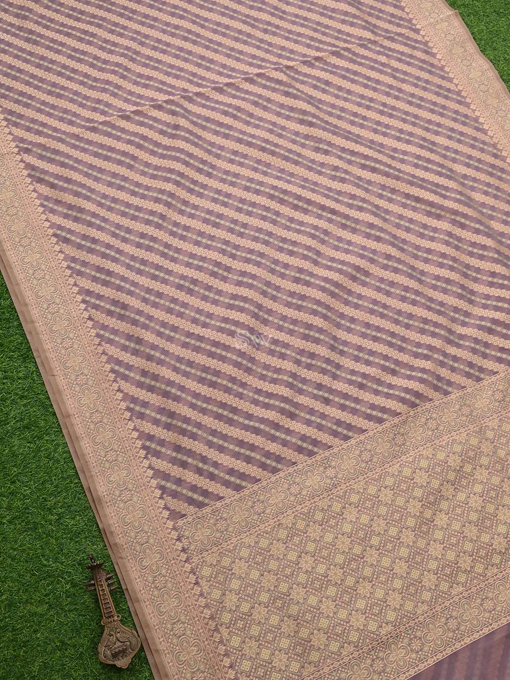 Light Mauve Stripe Cotton Silk Handloom Banarasi Saree - Sacred Weaves