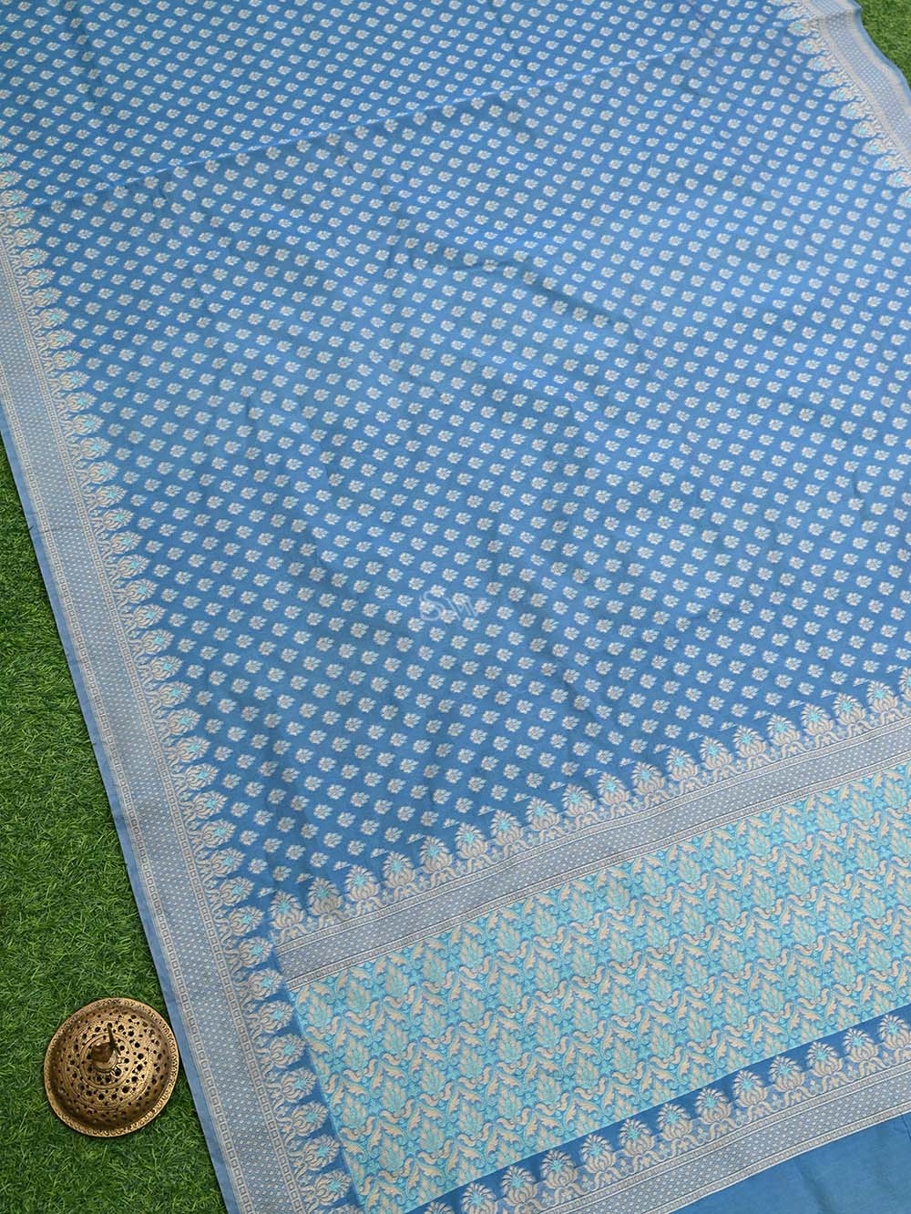 Pastel Blue Booti Cotton Silk Handloom Banarasi Saree - Sacred Weaves