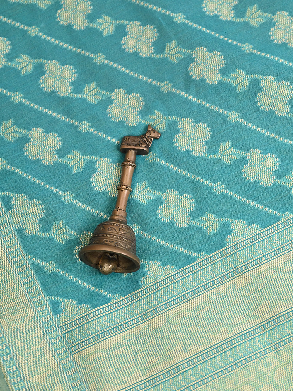 Turquoise Blue Stripe Cotton Silk Handloom Banarasi Saree - Sacred Weaves