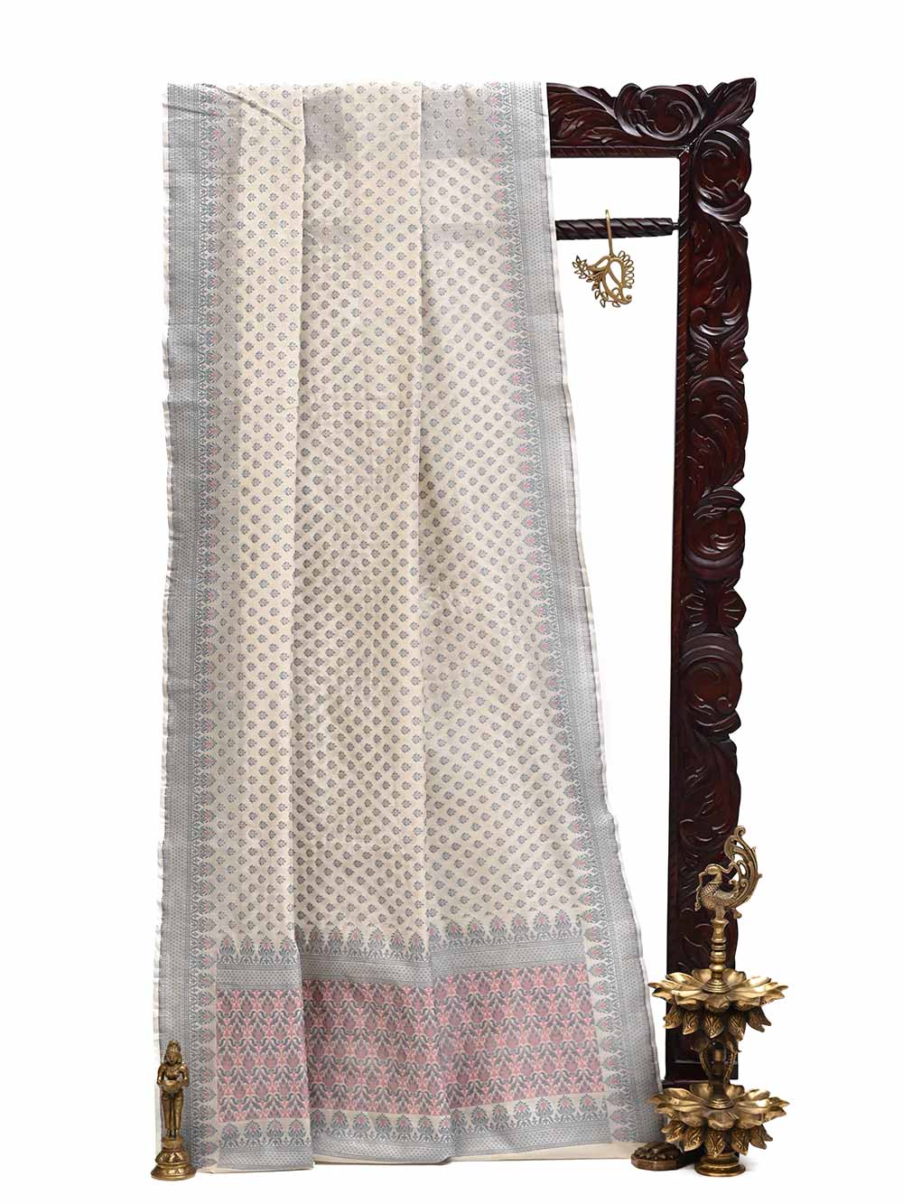 Cream Grey Booti Cotton Silk Handloom Banarasi Saree - Sacred Weaves