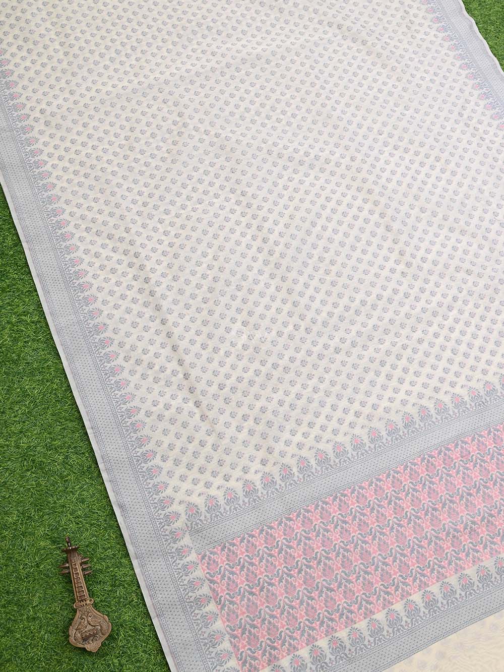 Cream Grey Booti Cotton Silk Handloom Banarasi Saree - Sacred Weaves