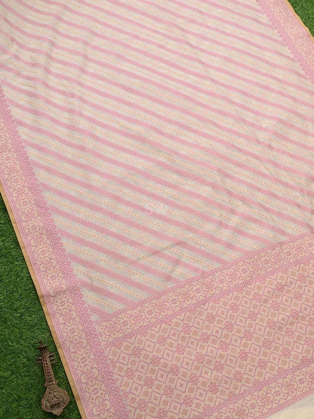 Cream Stripe Cotton Silk Handloom Banarasi Saree - Sacred Weaves