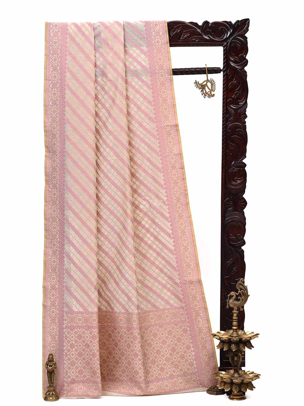 Cream Stripe Cotton Silk Handloom Banarasi Saree - Sacred Weaves