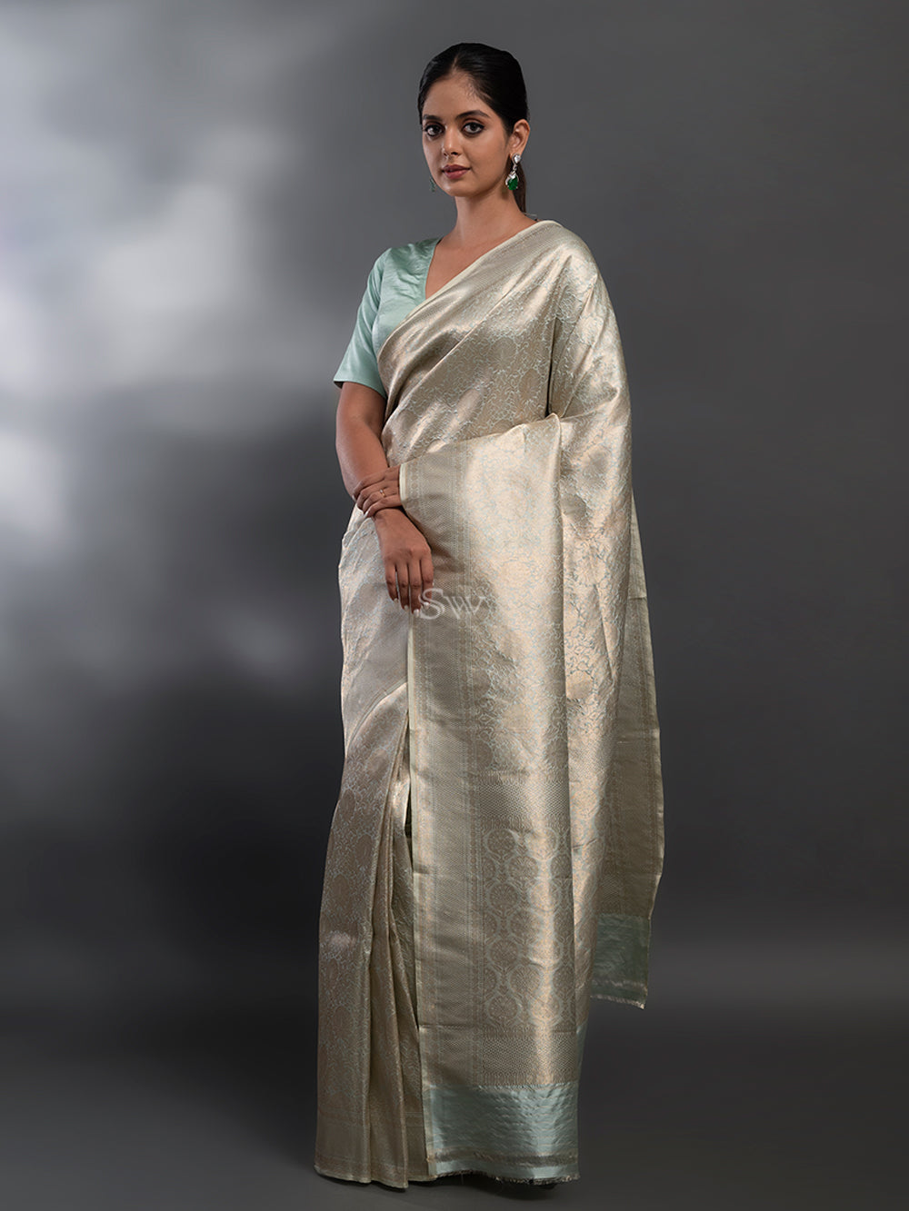 Pastel Mint Green Katan Silk Brocade Handloom Banarasi Saree - Sacred Weaves