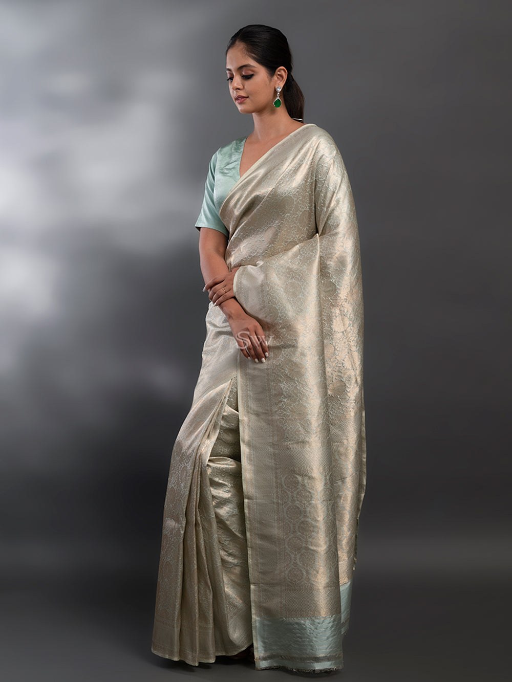 Pastel Mint Green Katan Silk Brocade Handloom Banarasi Saree - Sacred Weaves