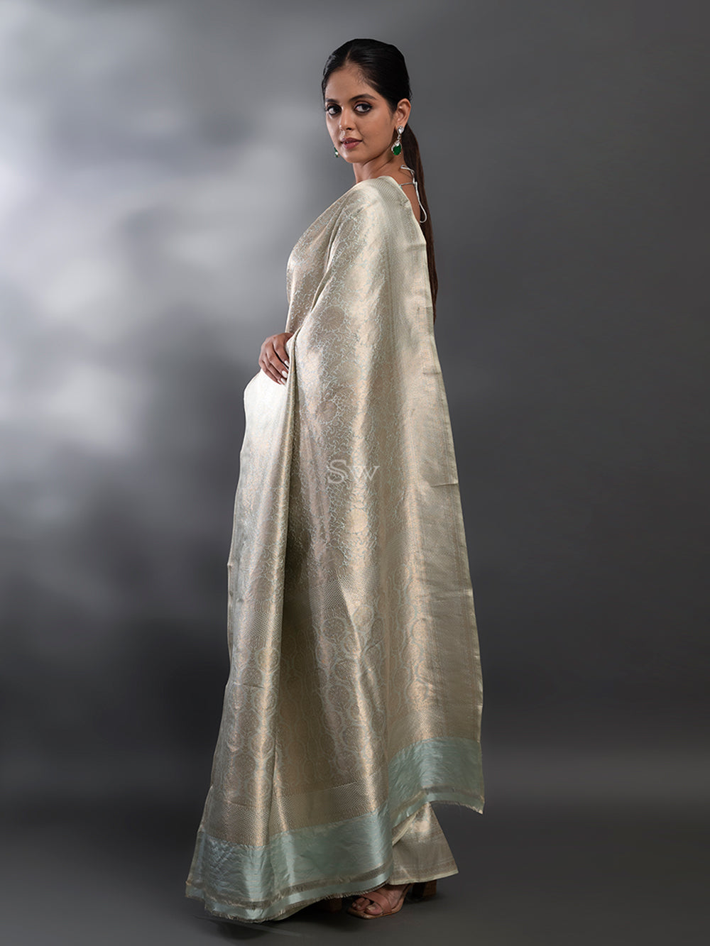Pastel Mint Green Katan Silk Brocade Handloom Banarasi Saree - Sacred Weaves