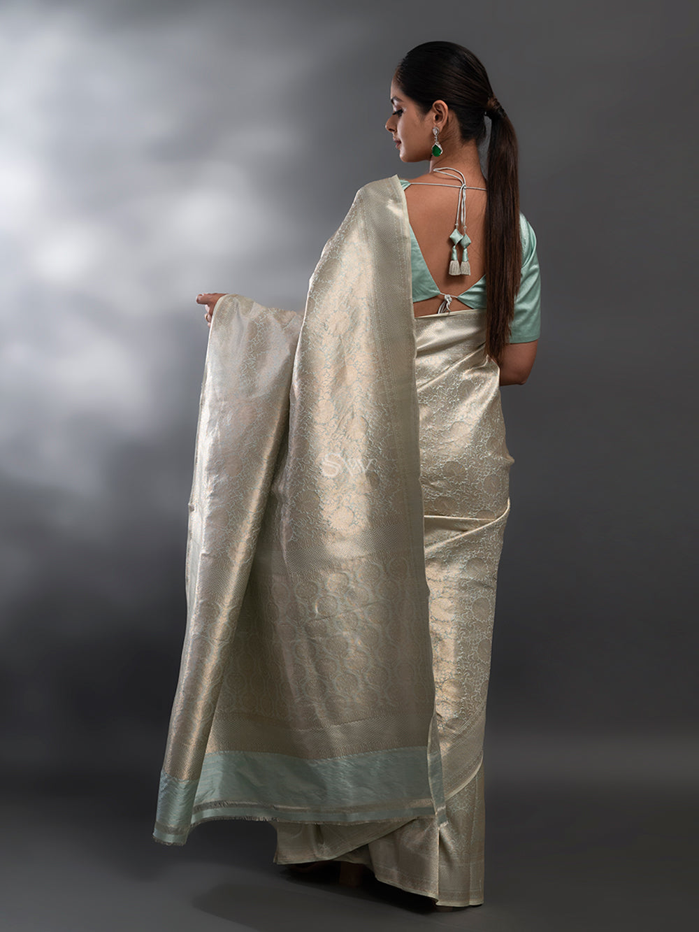 Pastel Mint Green Katan Silk Brocade Handloom Banarasi Saree - Sacred Weaves