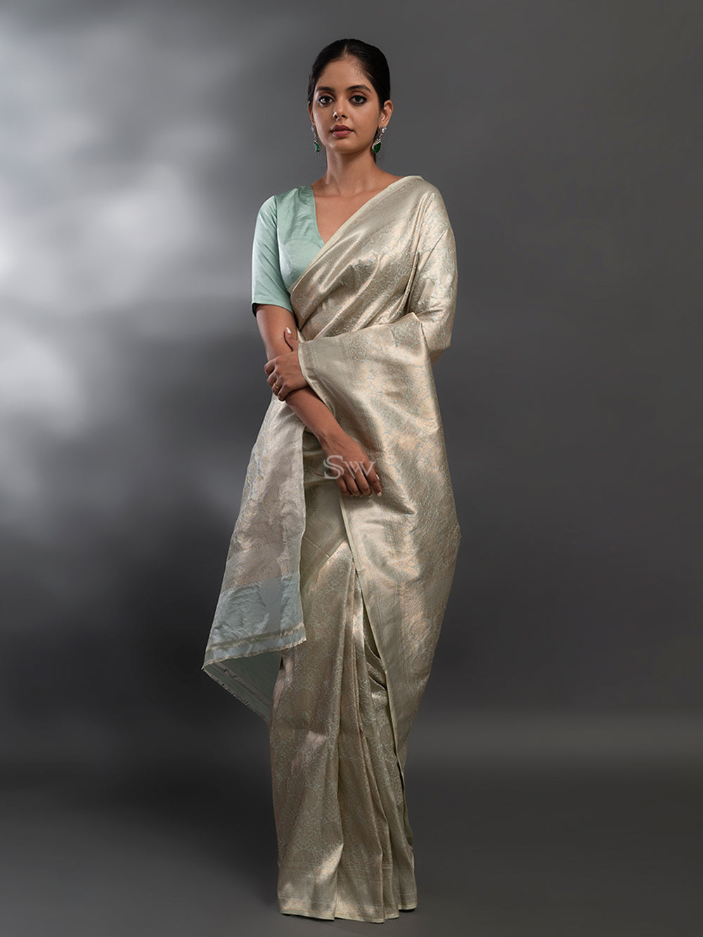 Pastel Mint Green Katan Silk Brocade Handloom Banarasi Saree - Sacred Weaves