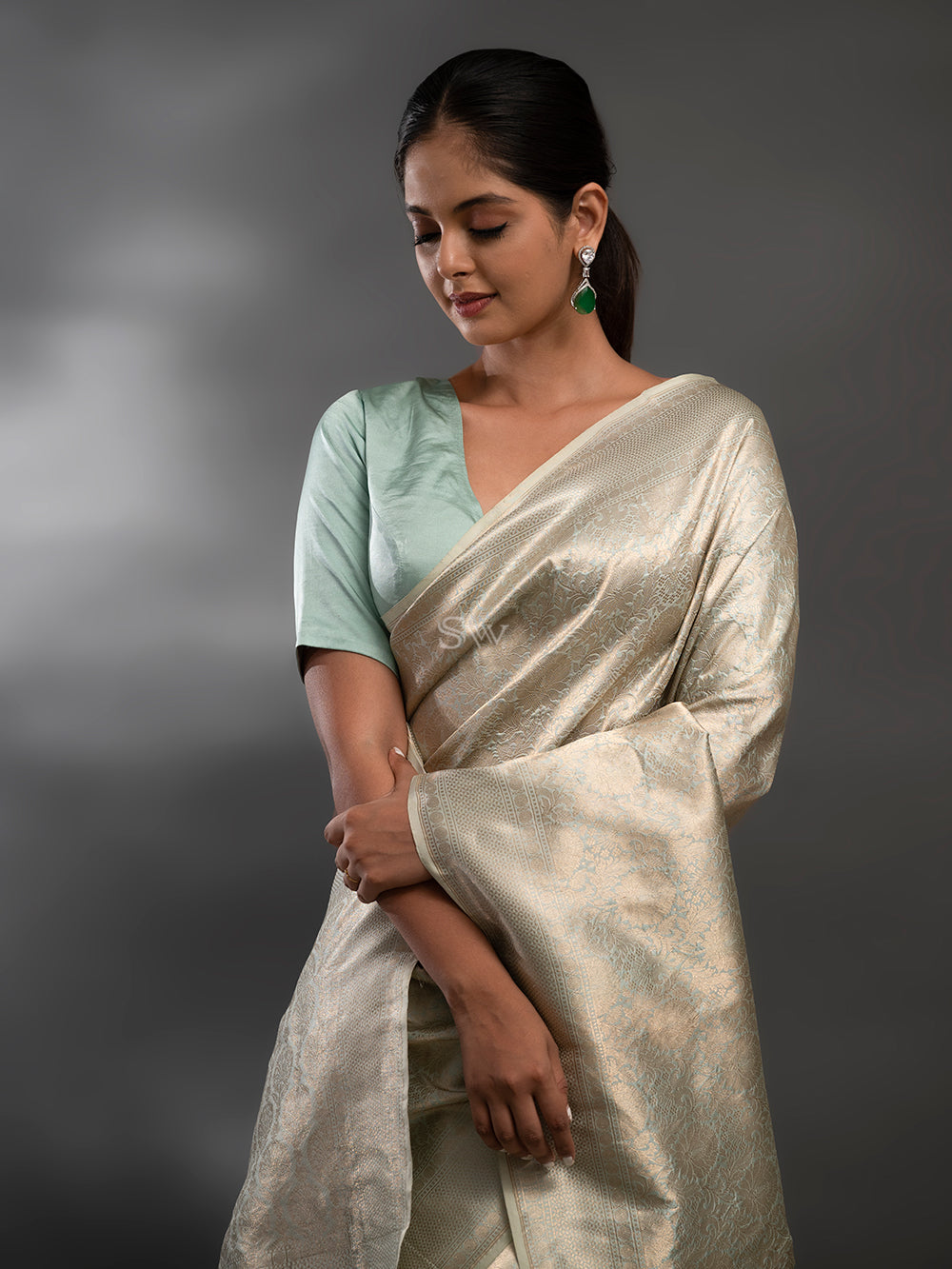 Pastel Mint Green Katan Silk Brocade Handloom Banarasi Saree - Sacred Weaves