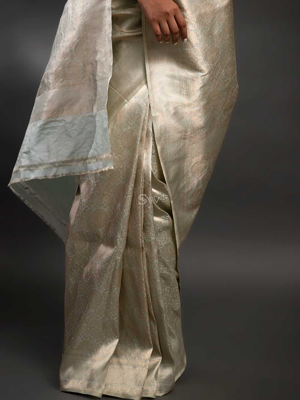 Pastel Mint Green Katan Silk Brocade Handloom Banarasi Saree - Sacred Weaves